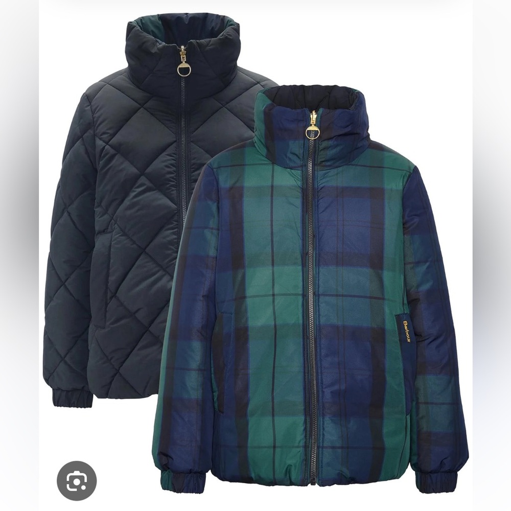 Barbour Black and Green Plaid Puffer Jackets